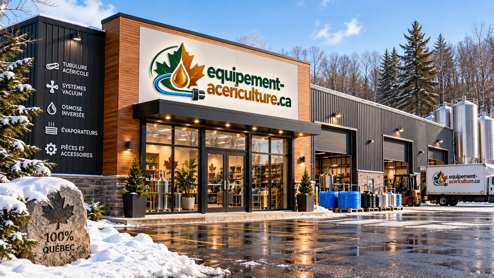 Façade du commerce en hiver, entrepôt attenant et réservoirs inox à l'extérieur