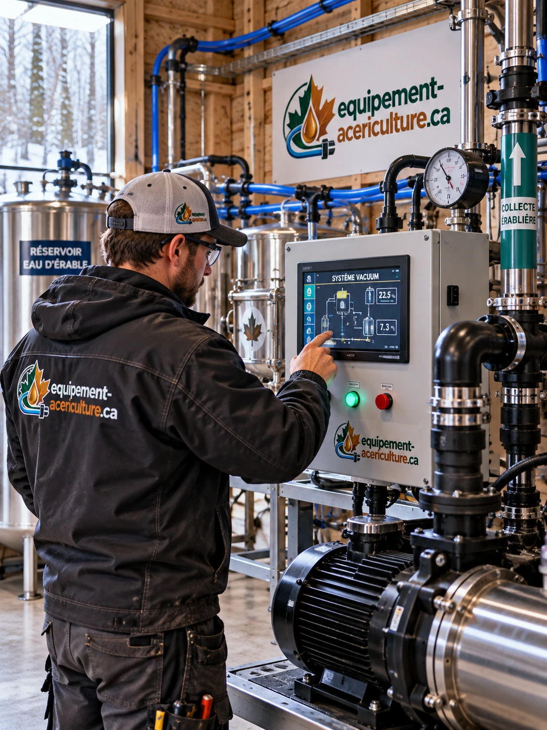 Technicien réglant l'écran de contrôle d'un système vacuum en cabane